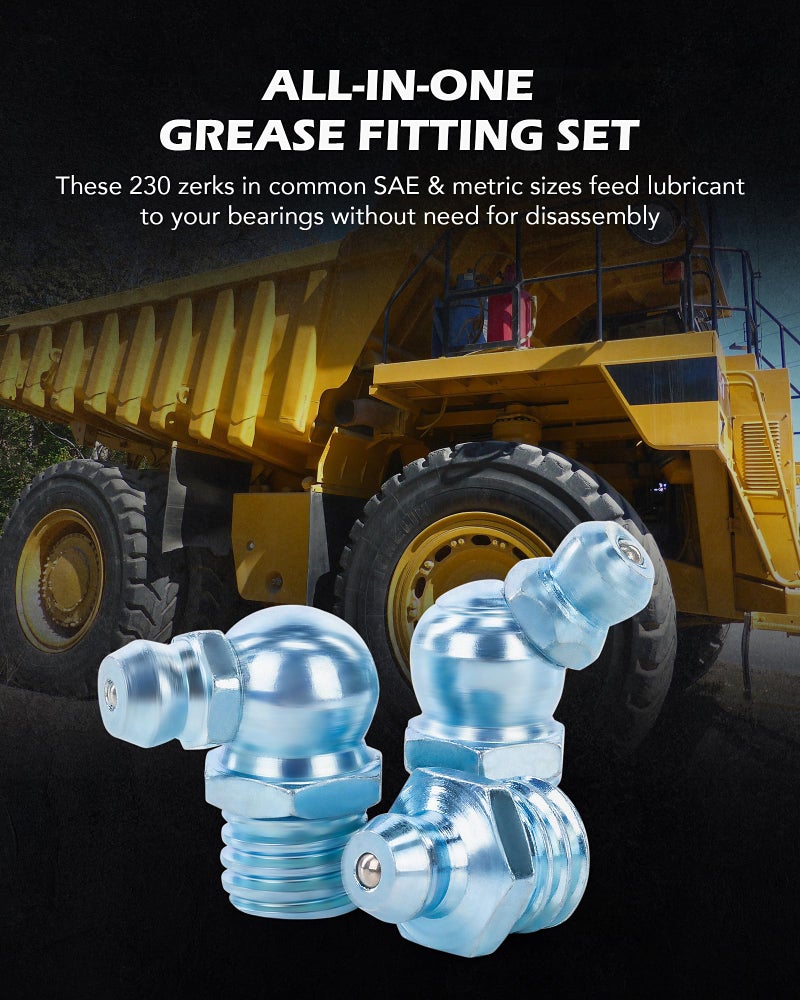 ZELCAN 230pc SAE & Metric Grease Fittings Kit, Hydraulic Grease Zerk Assortment: 1/4" 1/8" M6 M10 Straight 45 90 Degree Zerks, Galvanized Steel Set for Replacing Missing or Broken Zerk Grease Fittings - Image 2